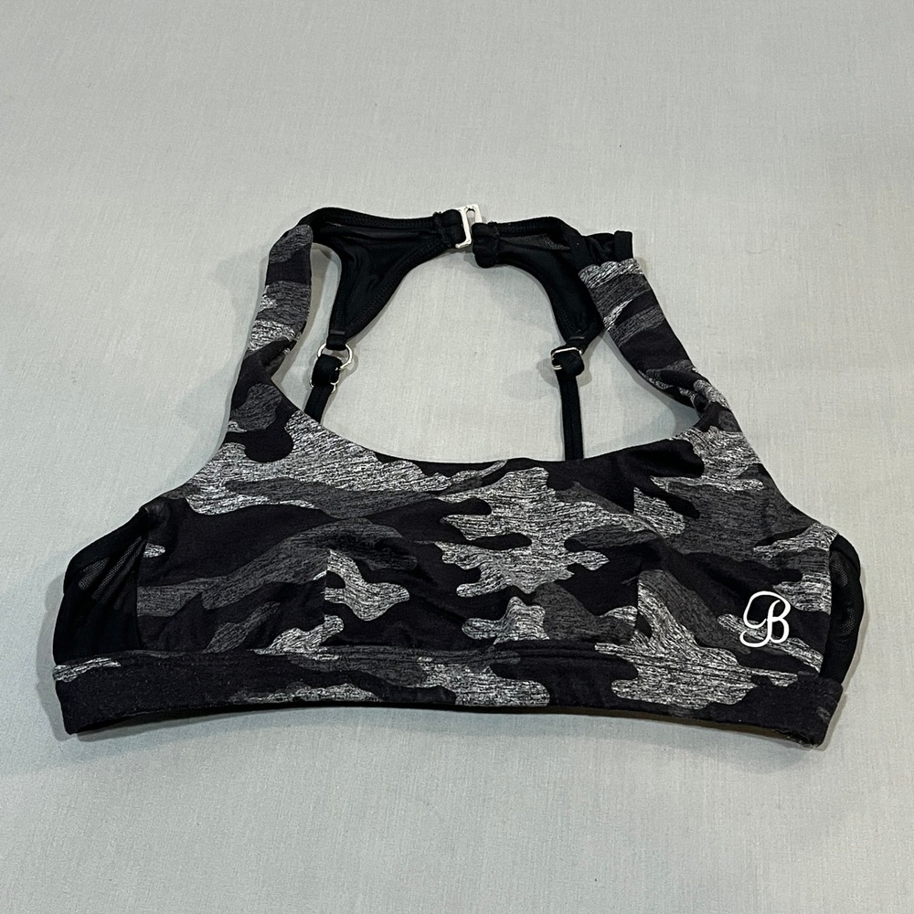 Bombshell Sportswear Sport Bra Womens S Black Camo Racerback Mesh Activewear